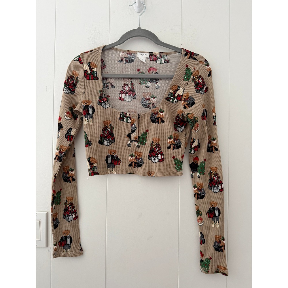 Forever 21 Christmas Teddy Bear Waffle Knit Crop Top Tan Long Sleeve Medium